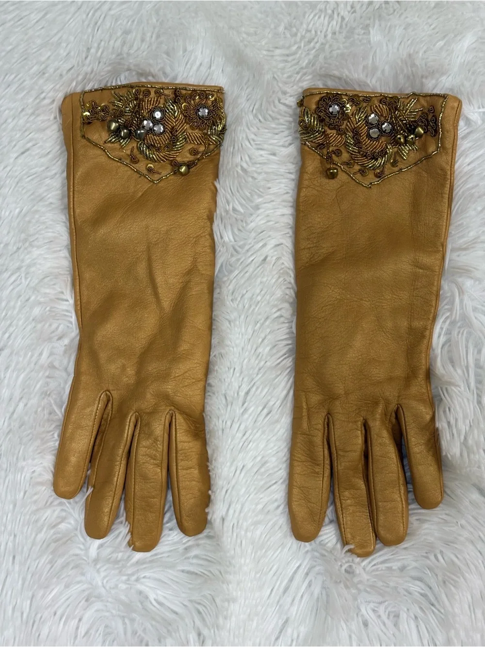 Embellished Tan Leather Women's Gloves